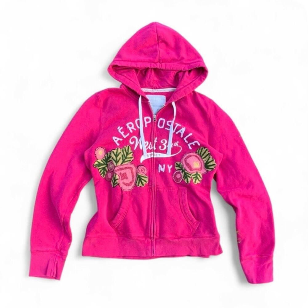 Vintage Y2K Aeropostale Pink Floral Beaded Full-Zip Hoodie XL